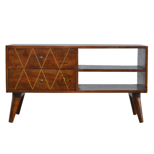 MID-CENTURY MODERN SOLID WOOD TV UNIT WITH GEOMETRIC DRAWERS