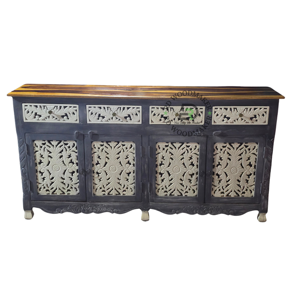 HANDCARVED BLACK & IVORY WOODEN SIDEBOARD