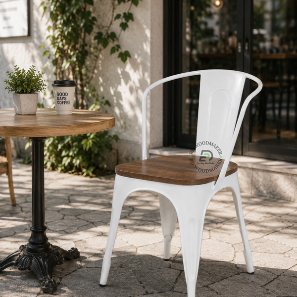 PREMIUM WHITE INDUSTRIAL METAL DINING CHAIR WITH SOLID WOOD SEAT