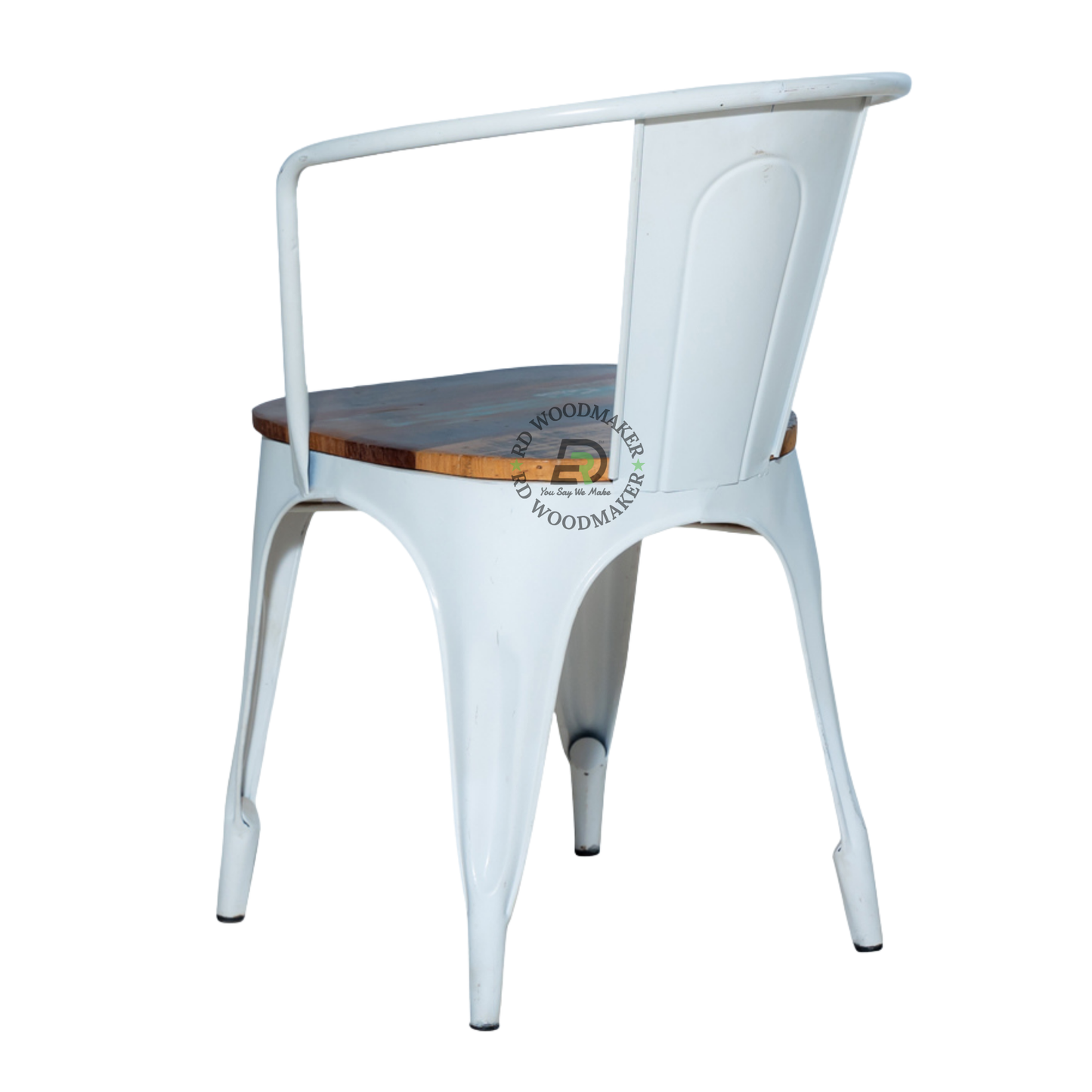 PREMIUM WHITE INDUSTRIAL METAL DINING CHAIR WITH SOLID WOOD SEAT