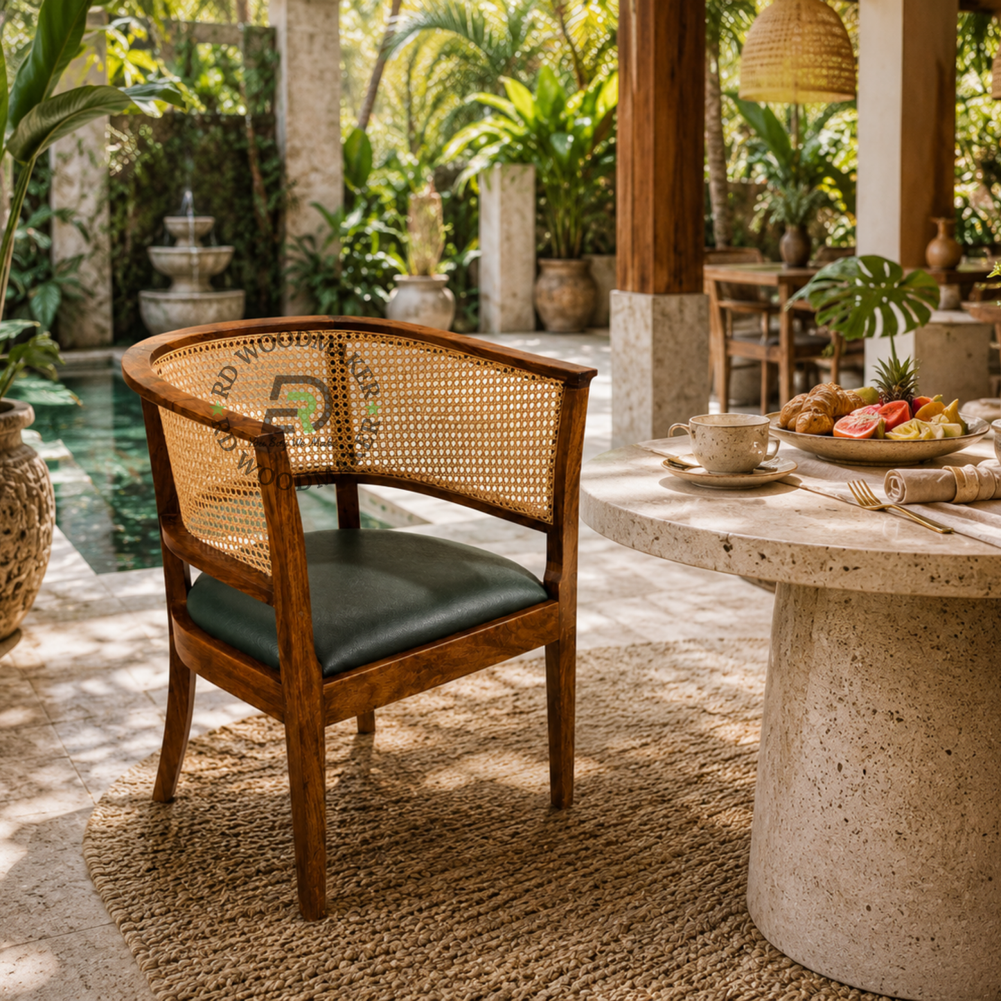 PREMIUM CANE BACK WOODEN DINING ARMCHAIR WITH GREEN CUSHION
