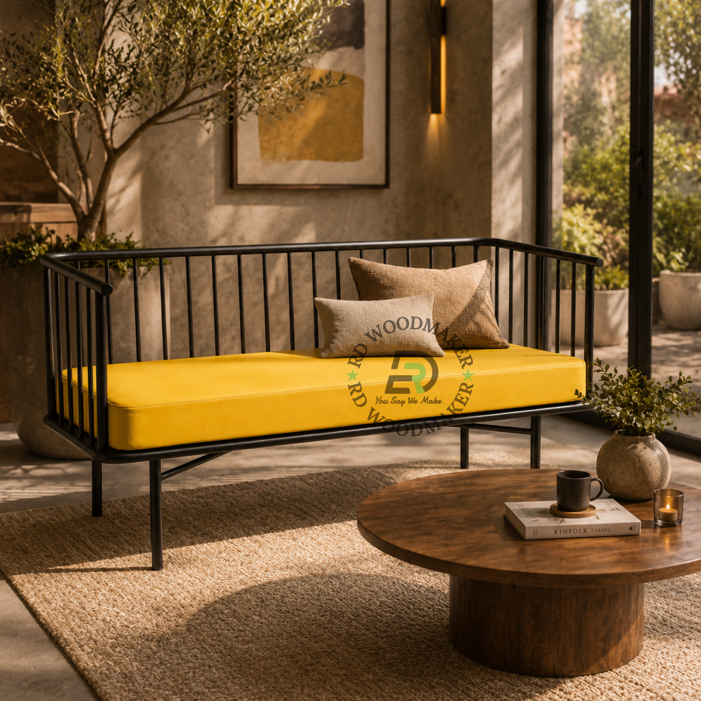 MODERN BLACK METAL DAYBED SOFA WITH MUSTARD YELLOW CUSHION SET