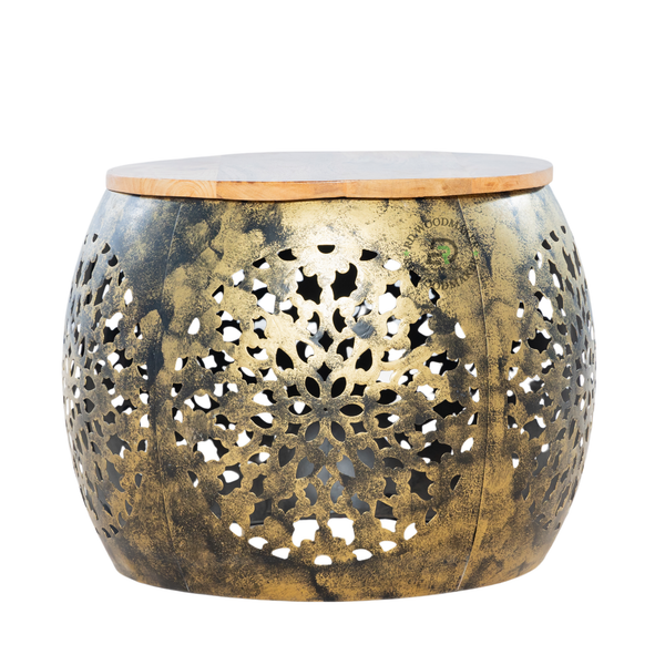 HANDCRAFTED METAL CUTWORK ACCENT SIDE TABLE WITH WOODEN TOP