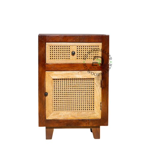 MODERN CANE WOOD BEDSIDE TABLE