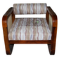WOODEN CANE ARMCHAIR WITH PATTERNED UPHOLSTERY