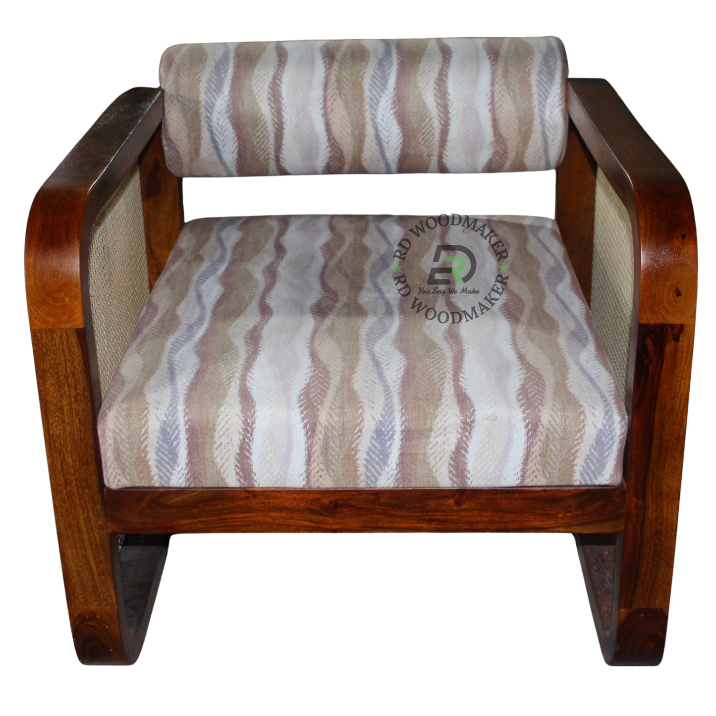 WOODEN CANE ARMCHAIR WITH PATTERNED UPHOLSTERY