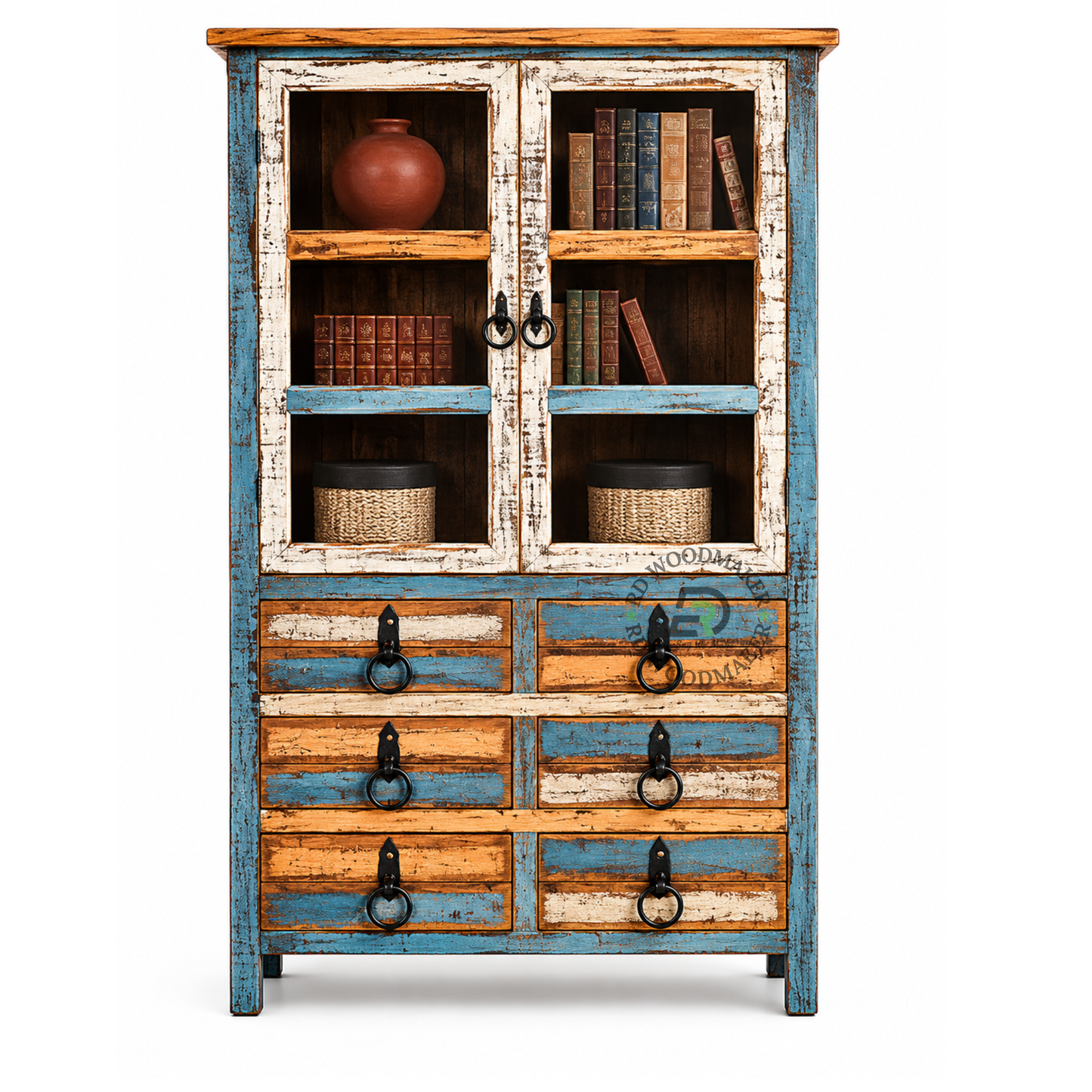 VINTAGE SOLID WOOD DISPLAY CABINET WITH GLASS DOORS & 6 DRAWERS