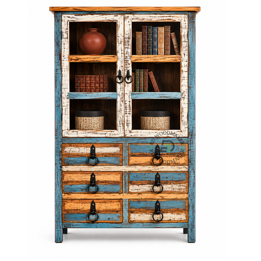 VINTAGE DISTRESSED SOLID WOOD 2 DOOR WARDROBE WITH DRAWERS