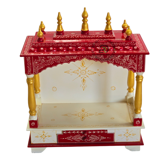 PREMIUM HAND-PAINTED IVORY & RED WOODEN HOME TEMPLE WITH OPEN SHRINE & DOUBLE STORAGE DRAWERS