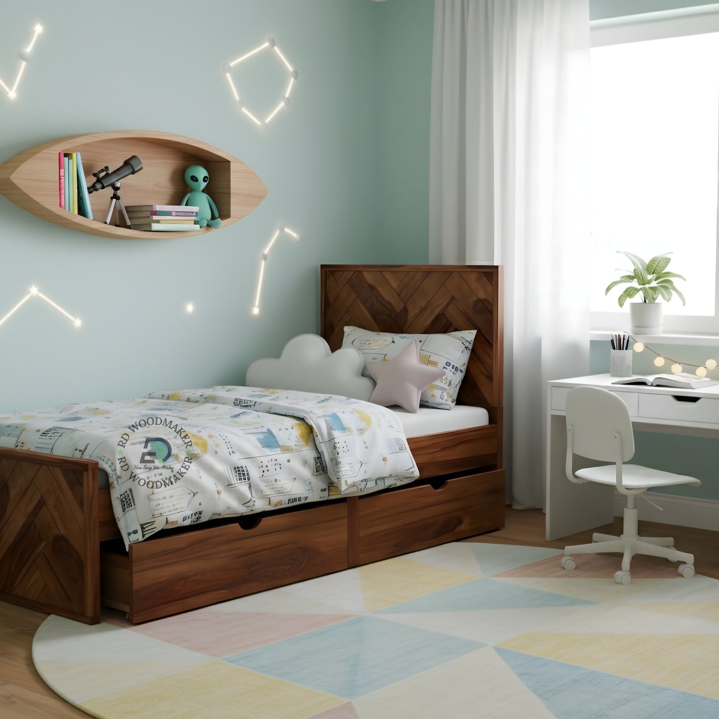 HERRINGBONE PATTERN WOODEN STORAGE BED WITH DRAWERS
