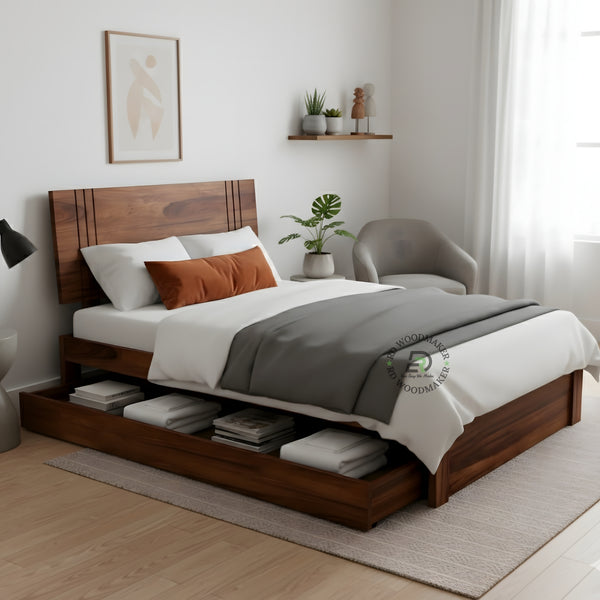 MINIMALIST PLATFORM WOODEN BED WITH FLOATING HEADBOARD