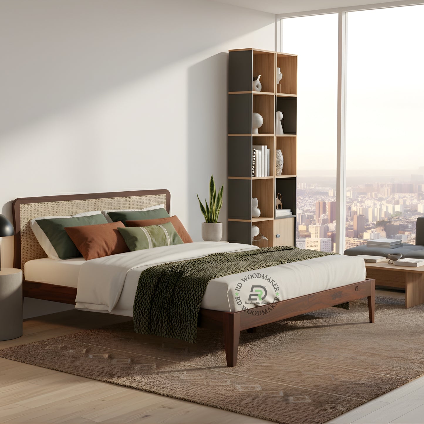 GRID CANE PANEL WOODEN BED