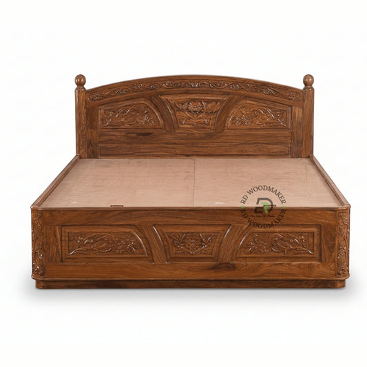 HANDCARVED FLORAL SHEESHAM WOOD BED WITH CLASSIC ARCH HEADBOARD