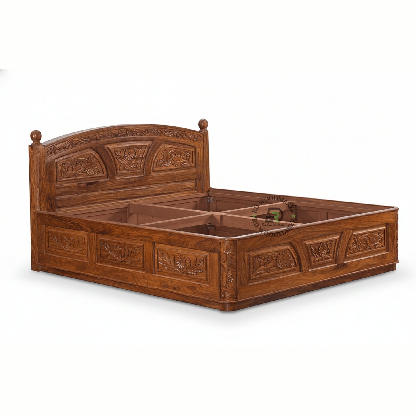 HANDCARVED FLORAL SHEESHAM WOOD BED WITH CLASSIC ARCH HEADBOARD