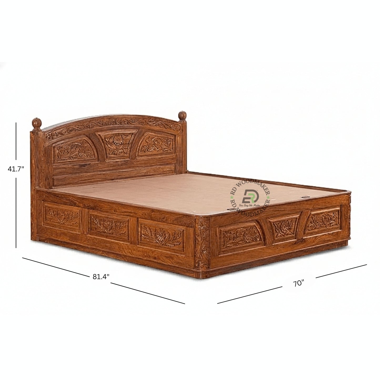 HANDCARVED FLORAL SHEESHAM WOOD BED WITH CLASSIC ARCH HEADBOARD