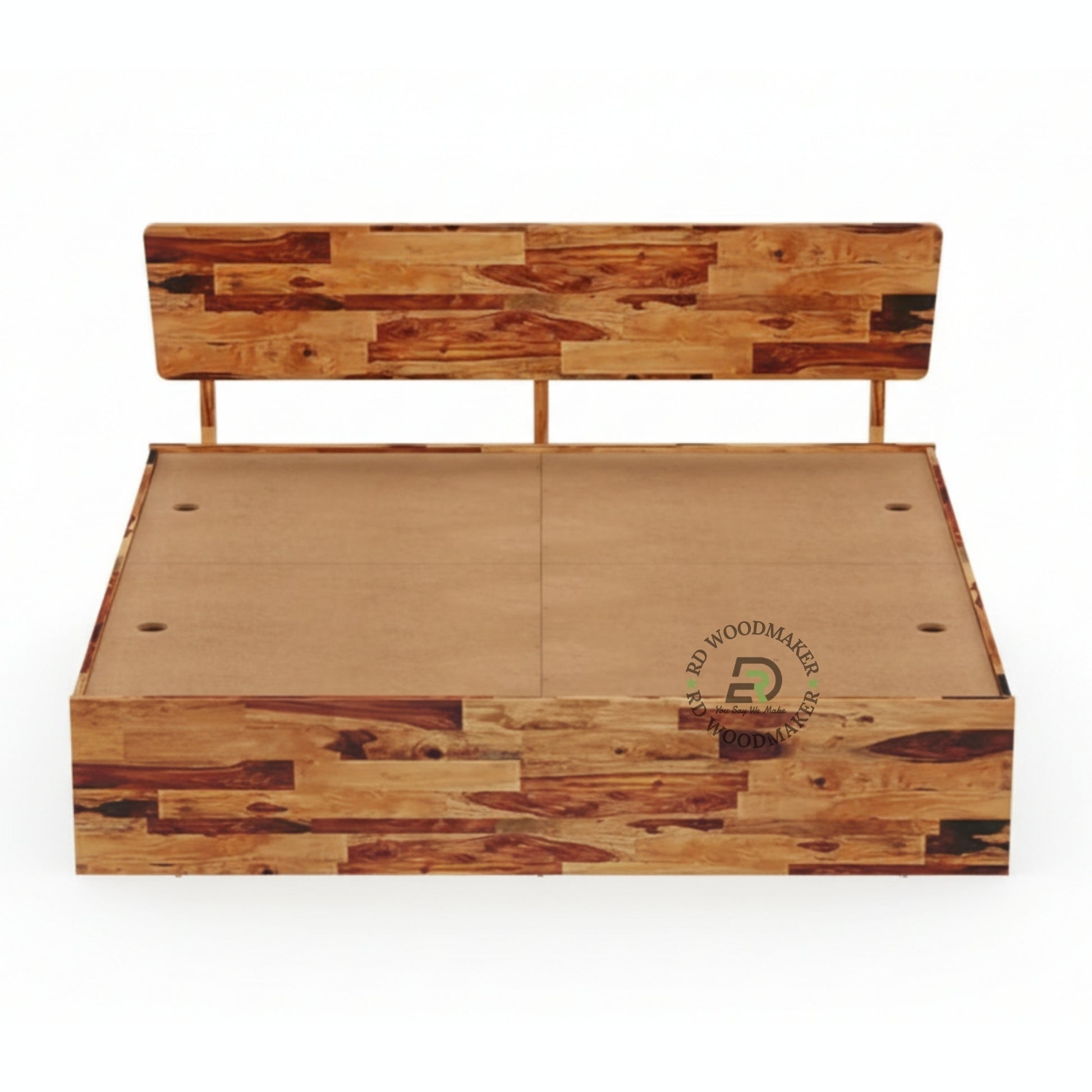 MODERN PATCHWORK WOODEN PLATFORM BED WITH MINIMAL HEADBOARD