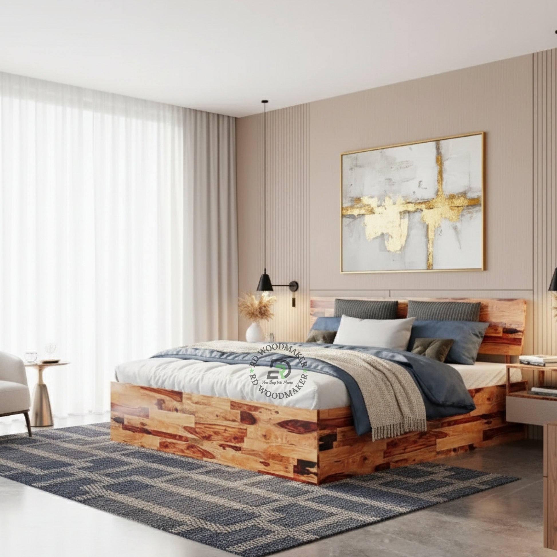 MODERN PATCHWORK WOODEN PLATFORM BED WITH MINIMAL HEADBOARD