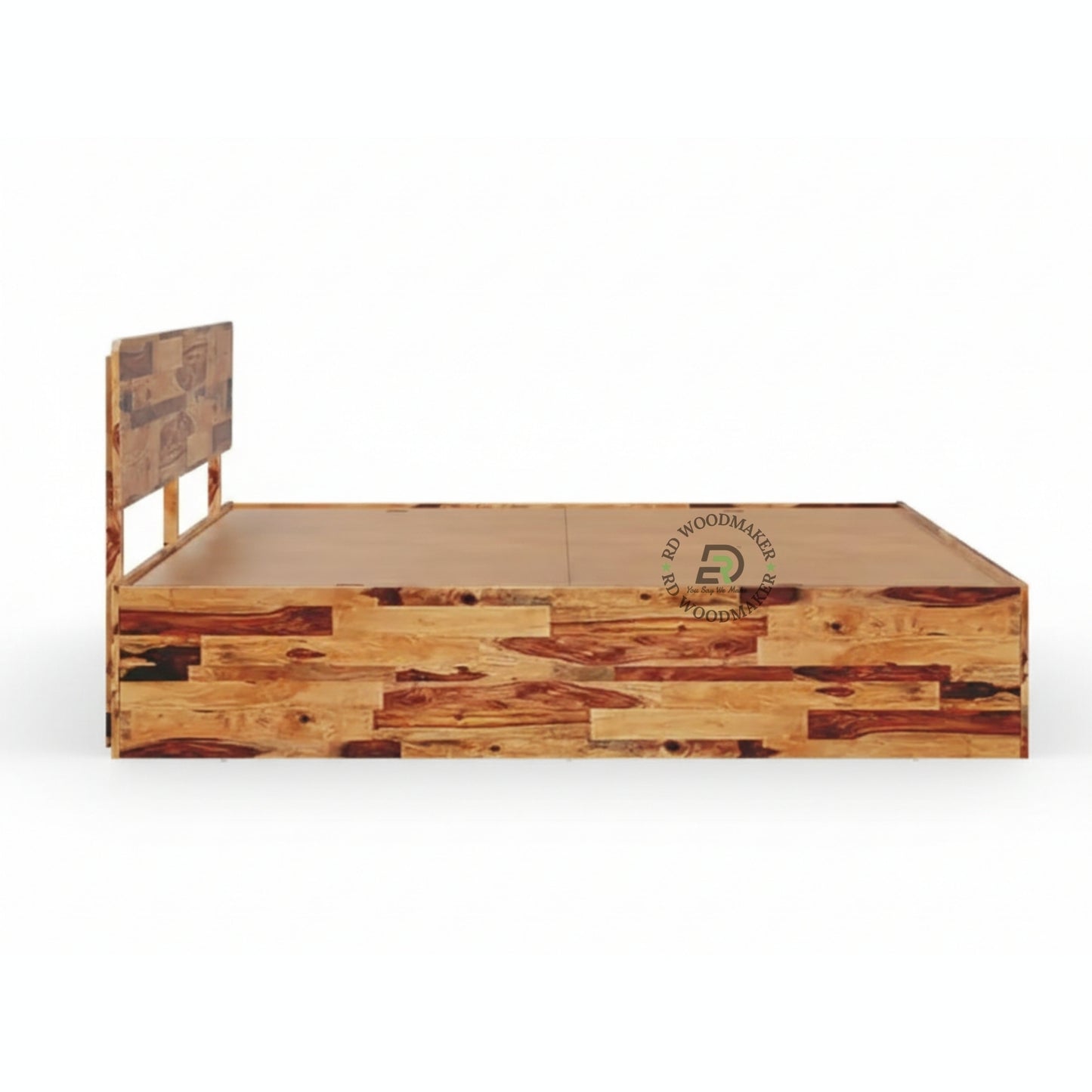 MODERN PATCHWORK WOODEN PLATFORM BED WITH MINIMAL HEADBOARD