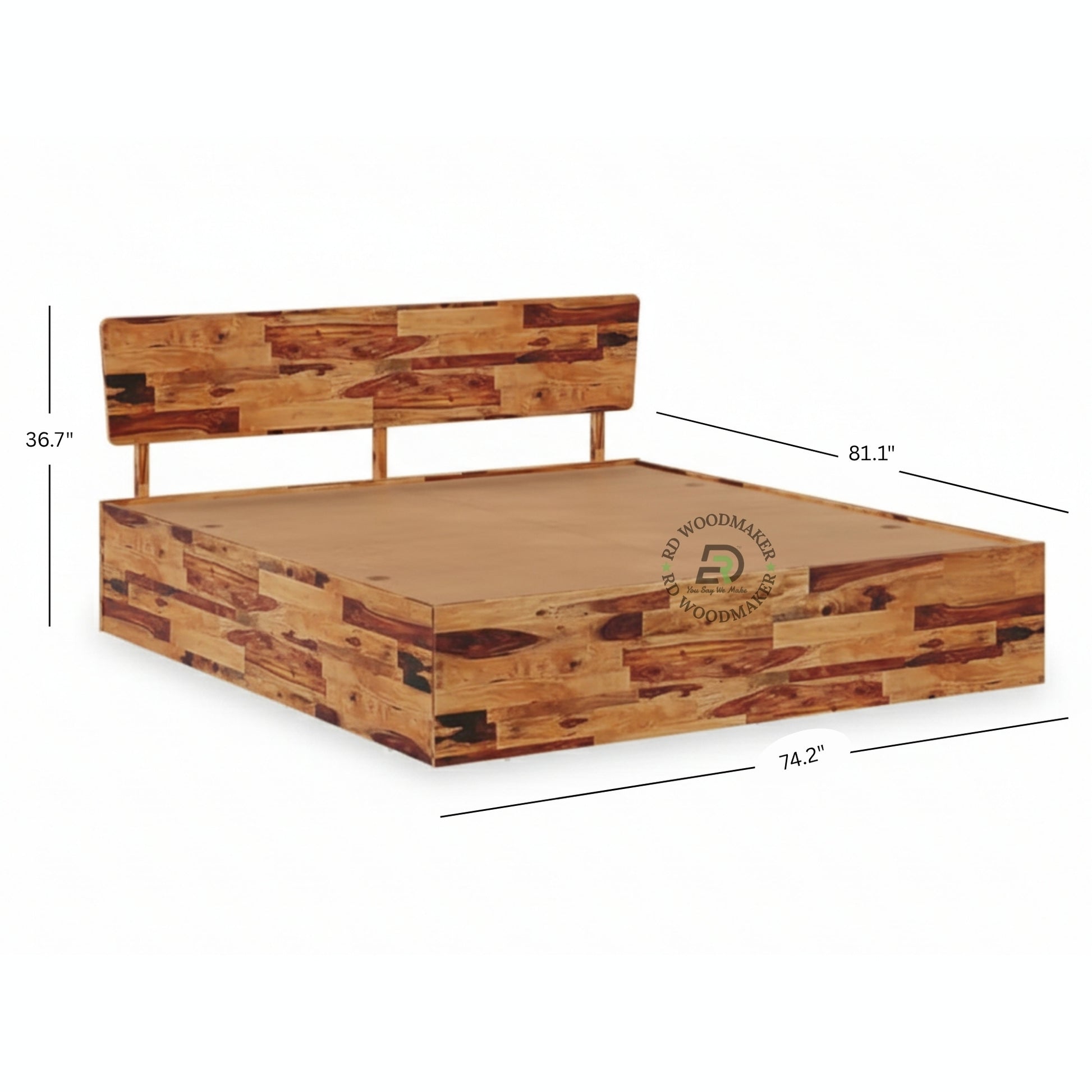 MODERN PATCHWORK WOODEN PLATFORM BED WITH MINIMAL HEADBOARD
