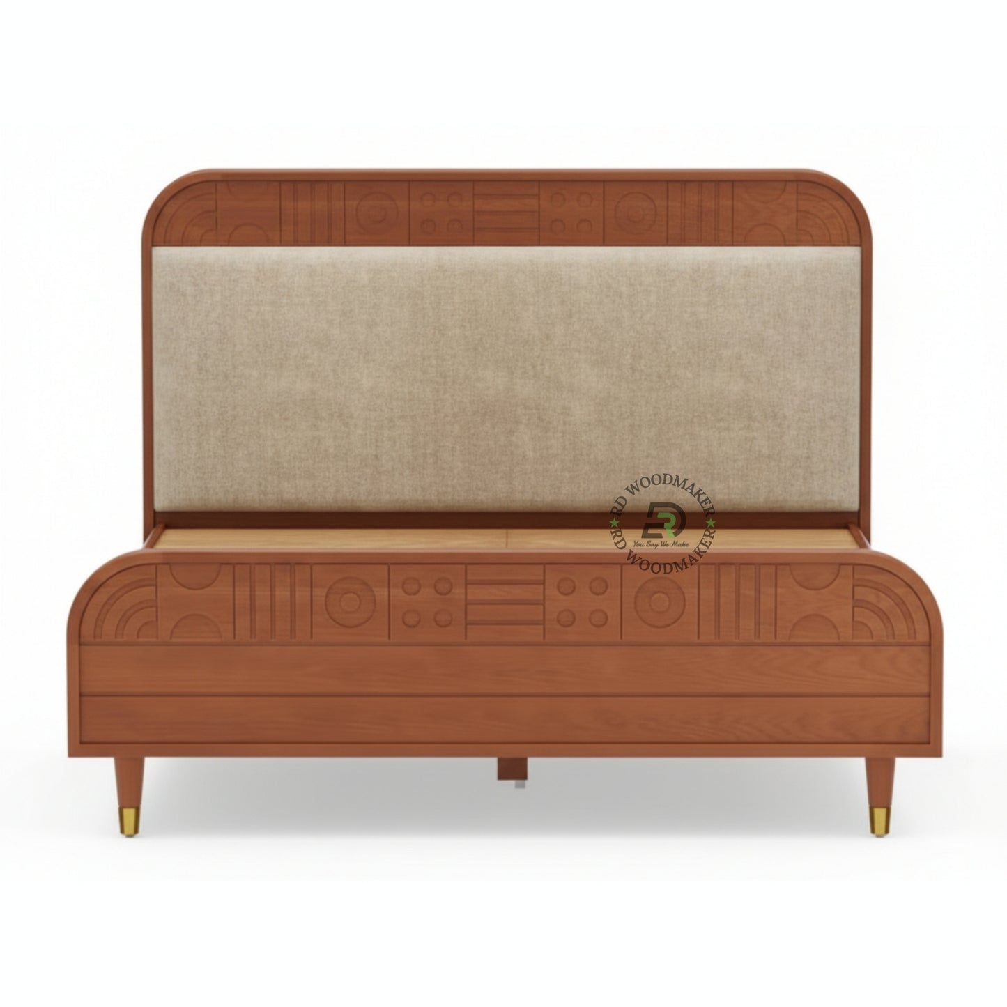 MID CENTURY UPHOLSTERED WOODEN BED WITH CURVED FRAME