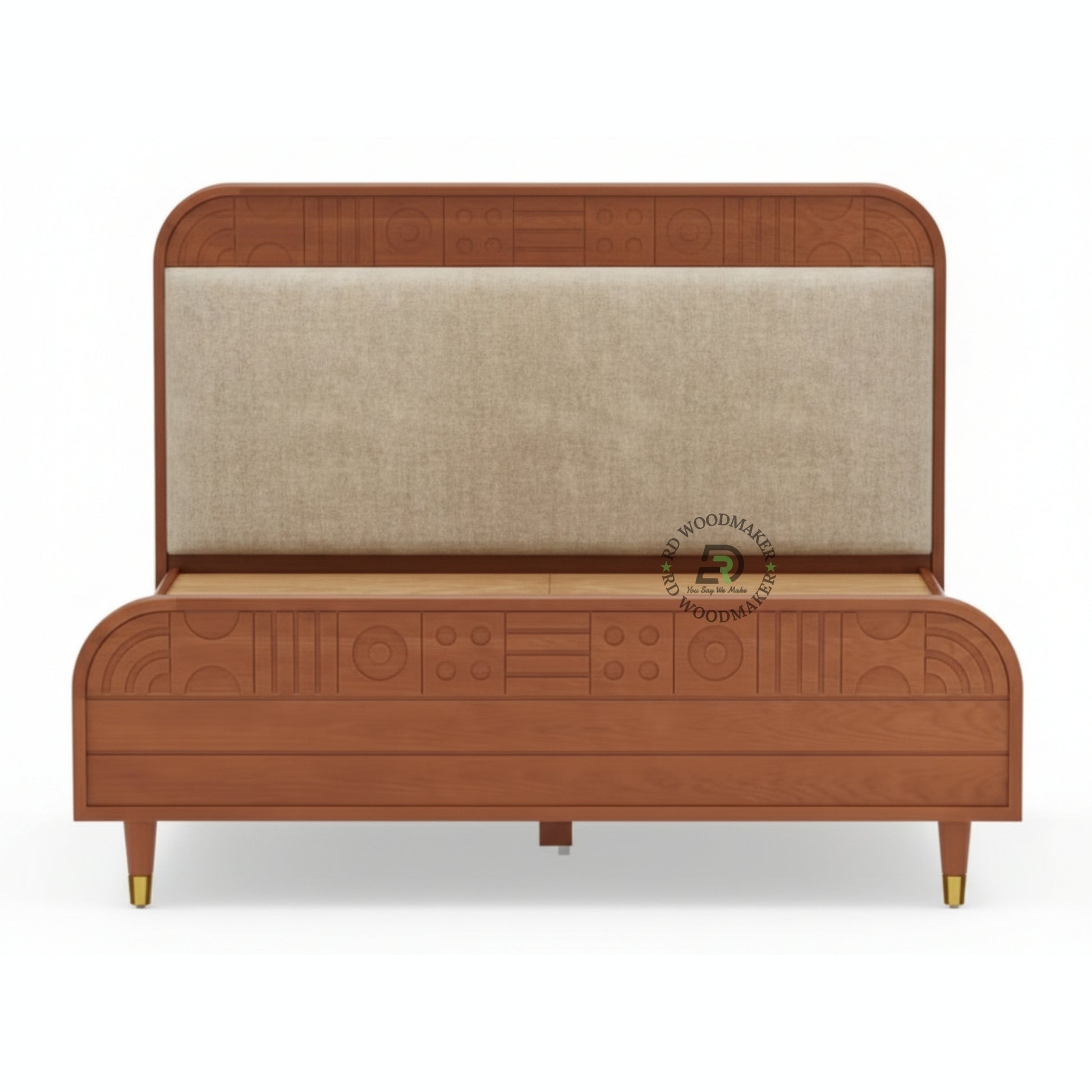 MID CENTURY UPHOLSTERED WOODEN BED WITH CURVED FRAME