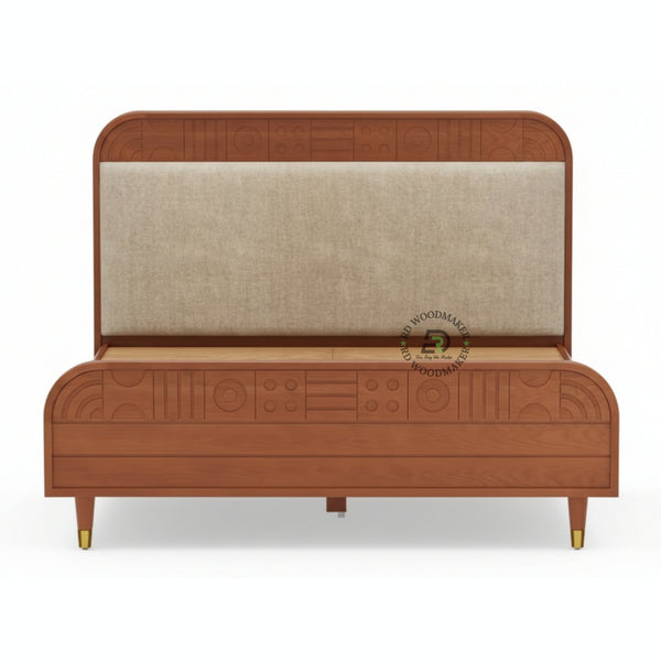 MID CENTURY UPHOLSTERED WOODEN BED WITH CURVED FRAME