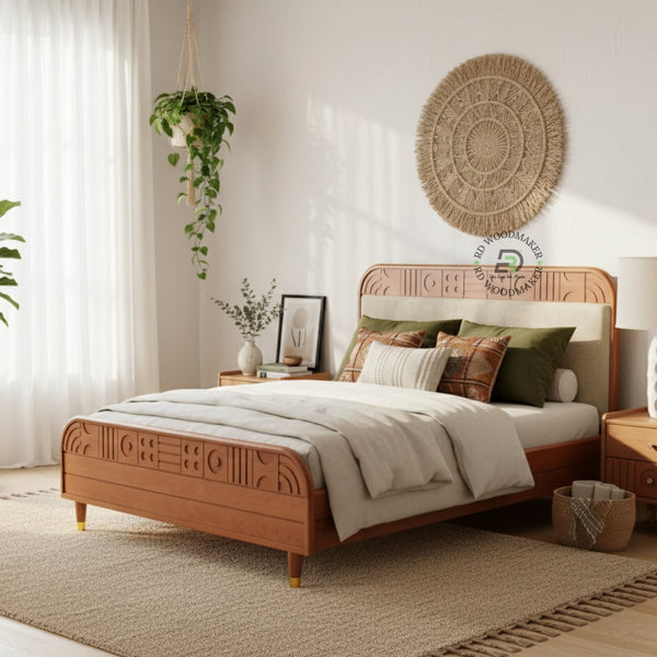MID CENTURY UPHOLSTERED WOODEN BED WITH CURVED FRAME