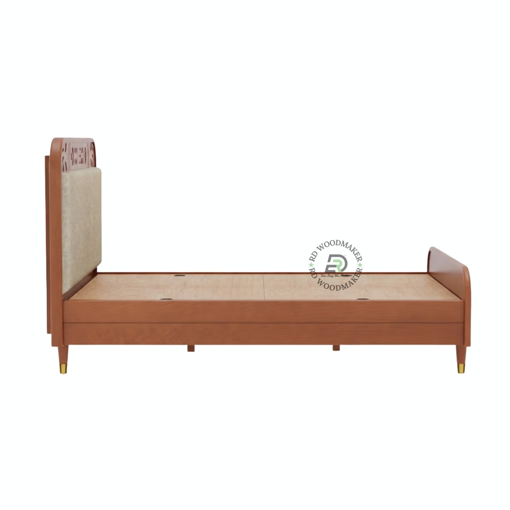 MID CENTURY UPHOLSTERED WOODEN BED WITH CURVED FRAME