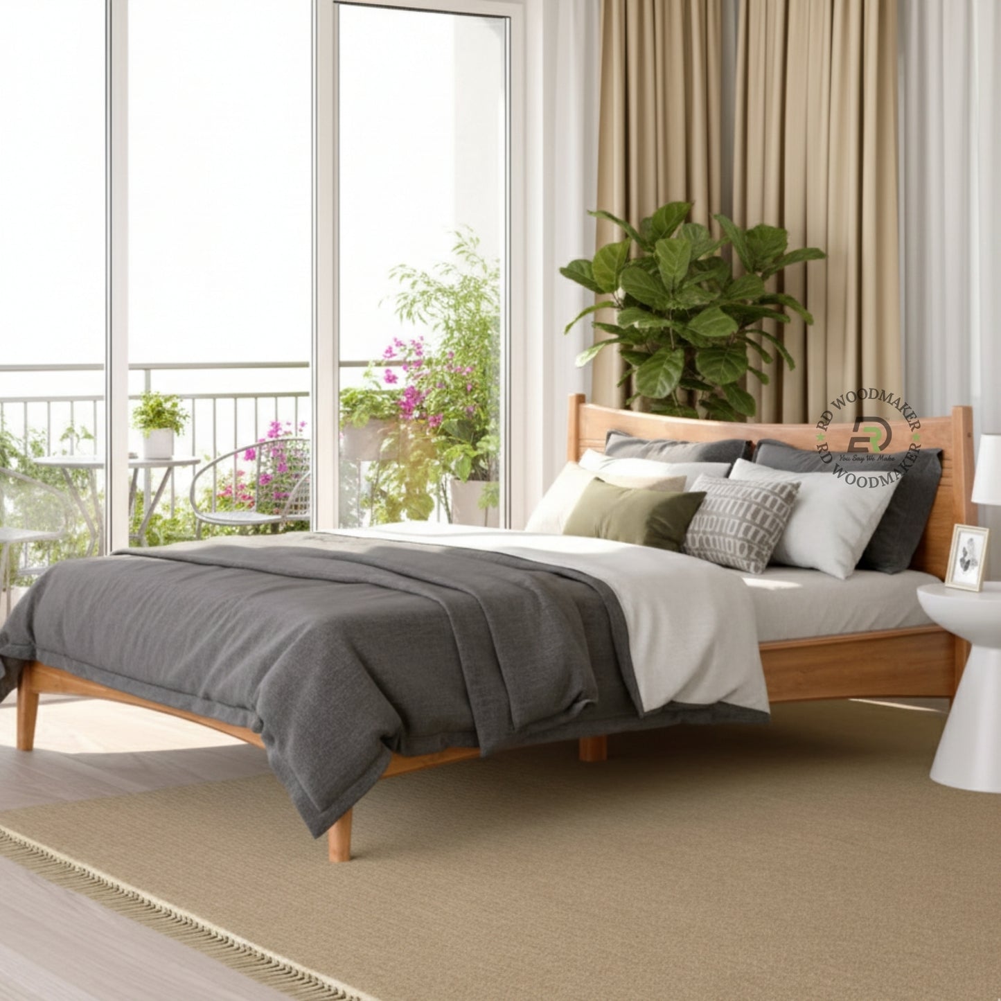 MINIMAL CURVED WOODEN PLATFORM BED WITH MODERN HEADBOARD