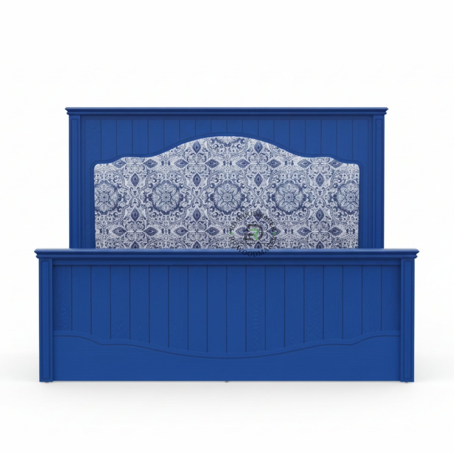 ROYAL BLUE UPHOLSTERED WOODEN BED WITH DECORATIVE HEADBOARD