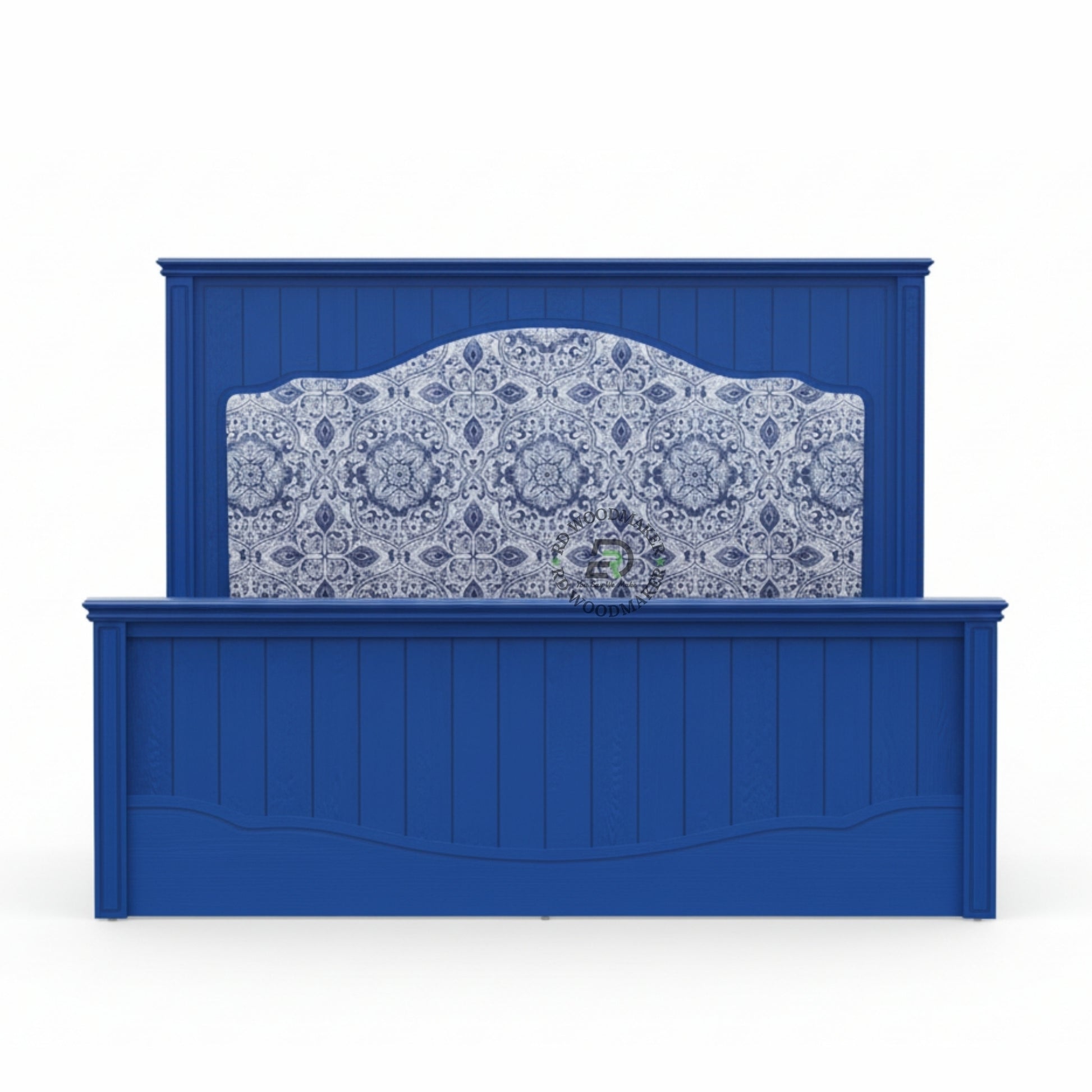 ROYAL BLUE UPHOLSTERED WOODEN BED WITH DECORATIVE HEADBOARD