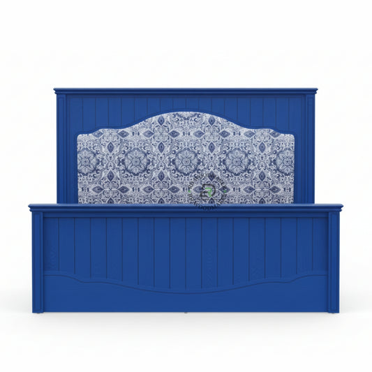 ROYAL BLUE UPHOLSTERED WOODEN BED WITH DECORATIVE HEADBOARD