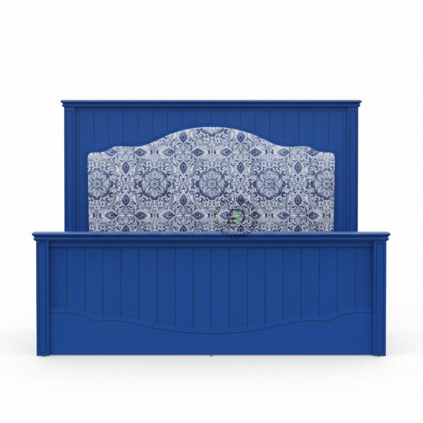 ROYAL BLUE UPHOLSTERED WOODEN BED WITH DECORATIVE HEADBOARD