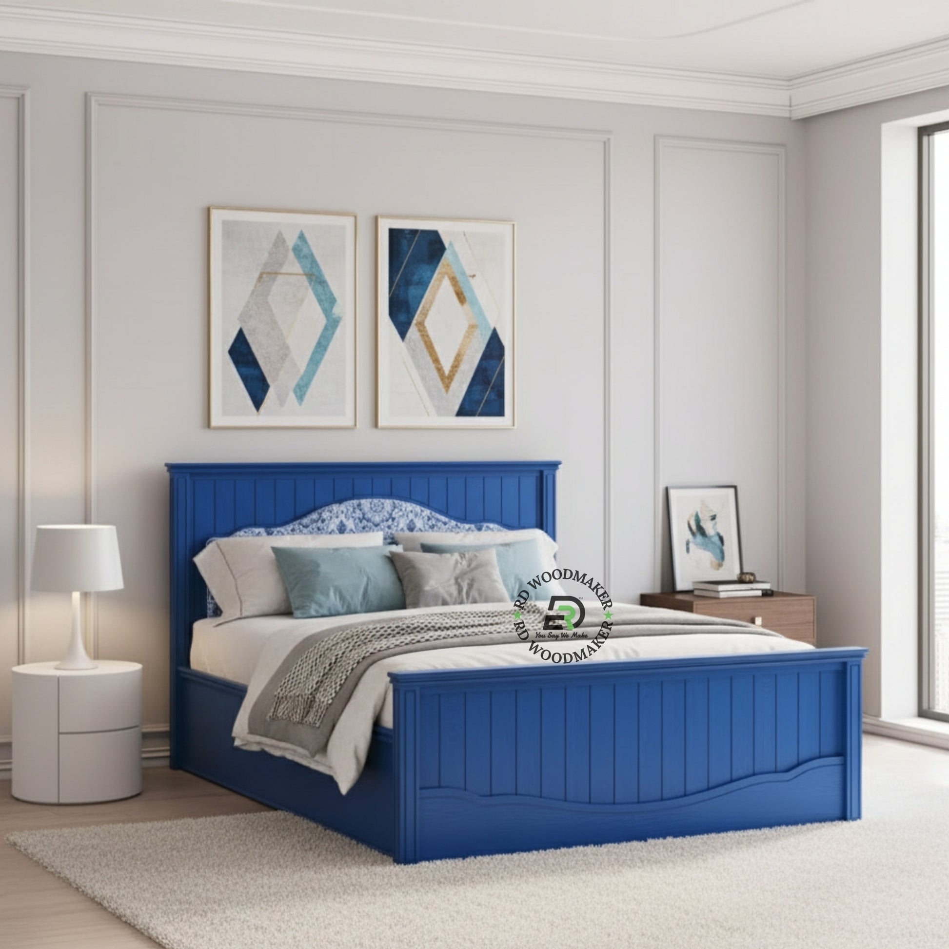 ROYAL BLUE UPHOLSTERED WOODEN BED WITH DECORATIVE HEADBOARD