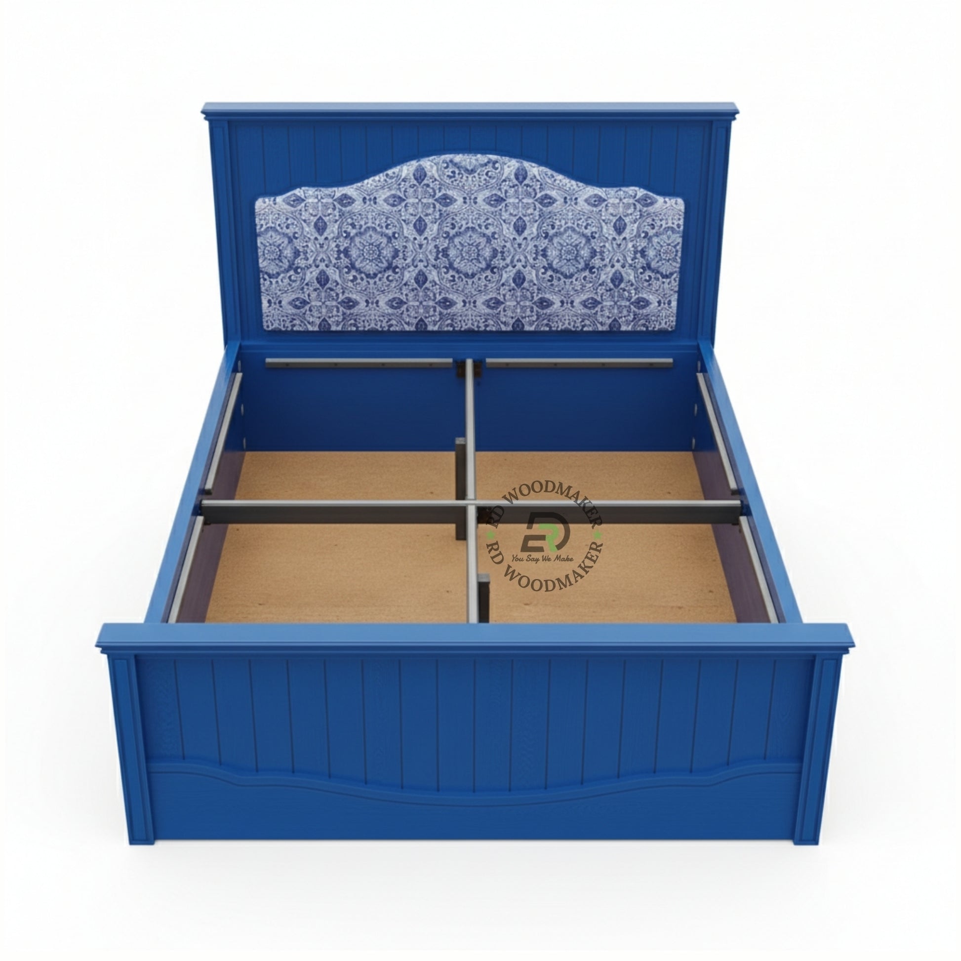 ROYAL BLUE UPHOLSTERED WOODEN BED WITH DECORATIVE HEADBOARD