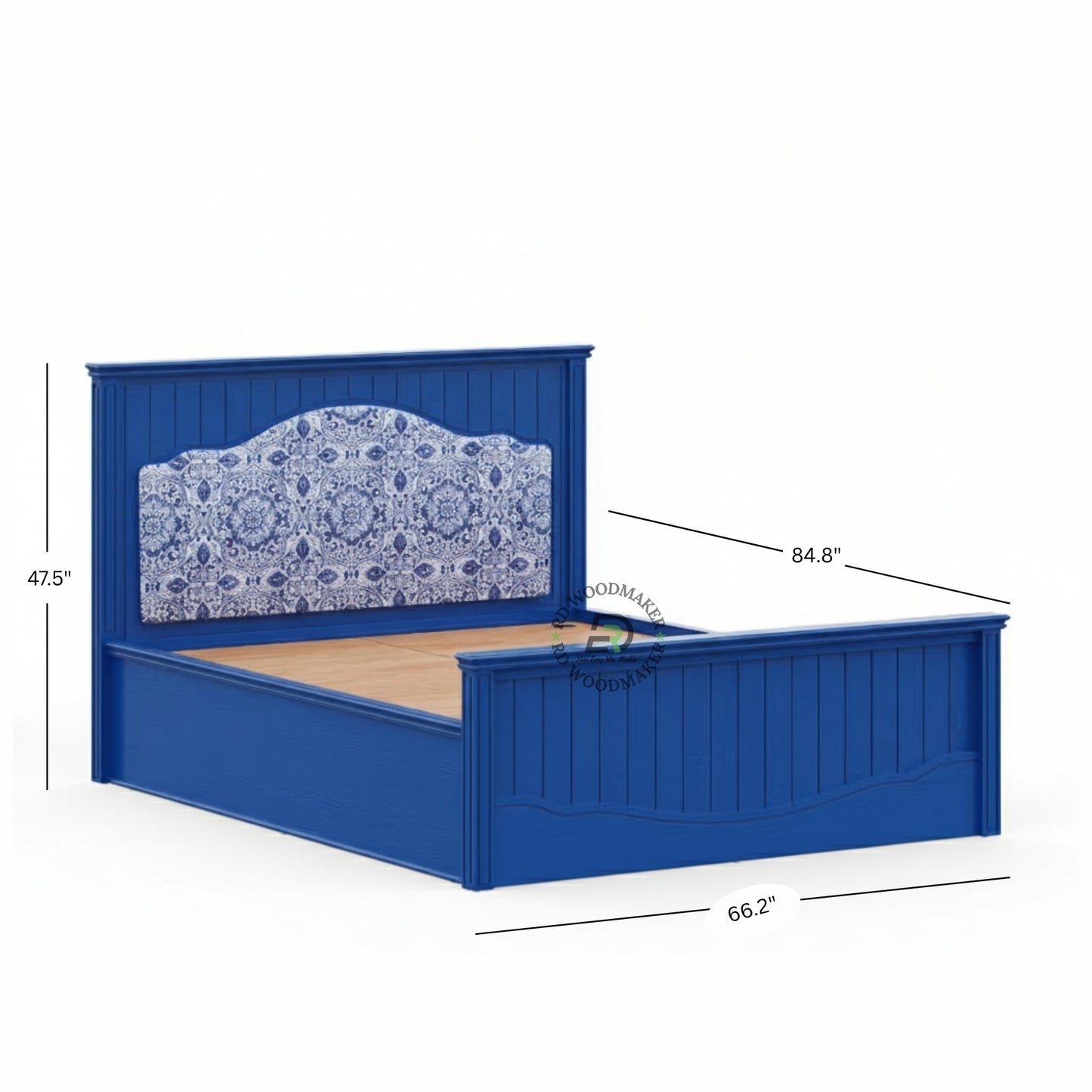 ROYAL BLUE UPHOLSTERED WOODEN BED WITH DECORATIVE HEADBOARD