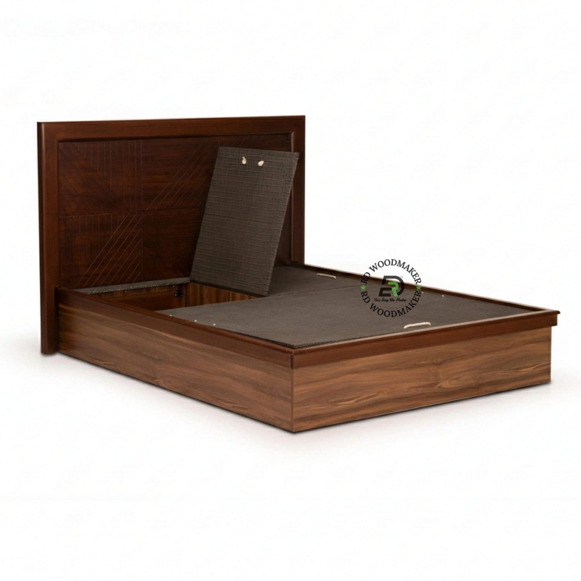 PREMIUM SOLID WOOD KING SIZE BED WITH GEOMETRIC HEADBOARD AND STORAGE