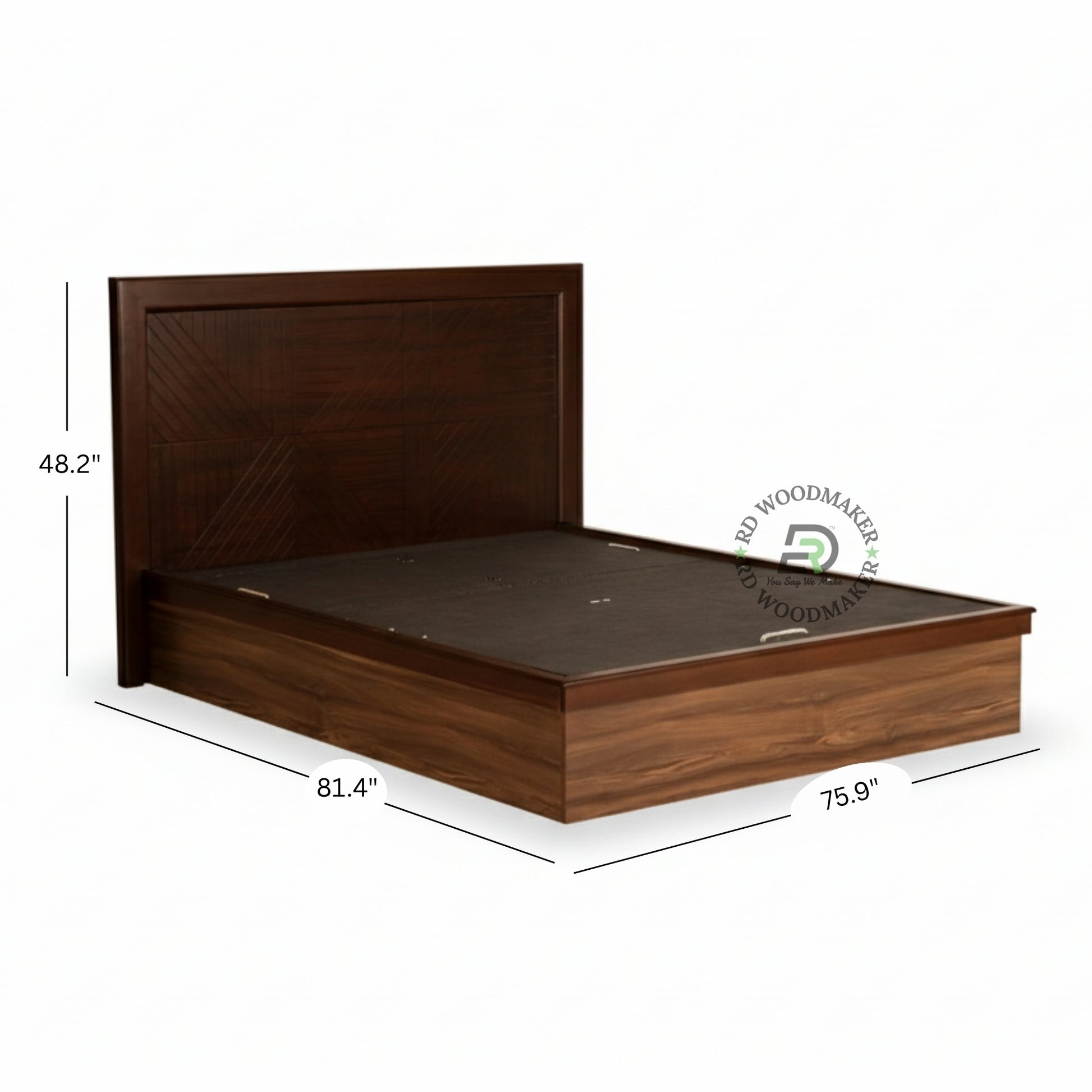 PREMIUM SOLID WOOD KING SIZE BED WITH GEOMETRIC HEADBOARD AND STORAGE