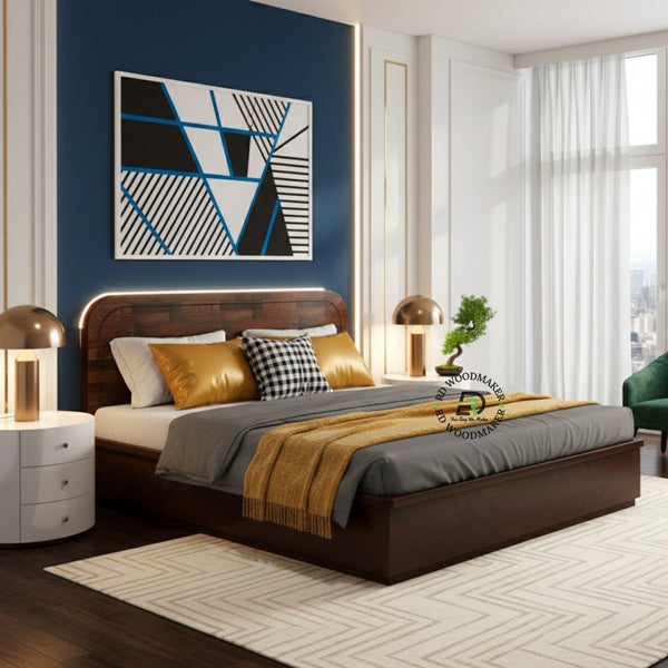 MODERN CURVED HEADBOARD SOLID WOOD PLATFORM BED