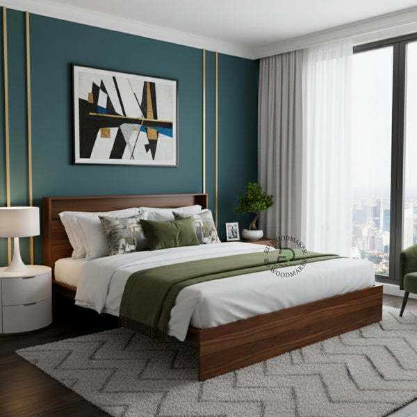  CONTEMPORARY WOODEN QUEEN SIZE BED WITH INBUILT STORAGE SHELF HEADBOARD