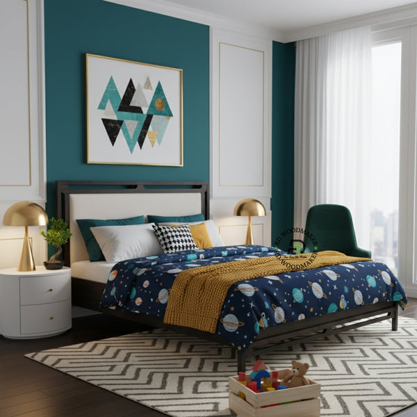  LUXURY UPHOLSTERED SOLID WOOD BED WITH NEUTRAL FABRIC HEADBOARD
