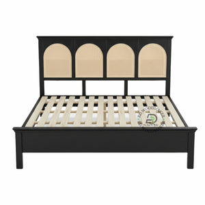 BOHO STYLE BLACK WOODEN BED WITH CANE RATTAN HEADBOARD