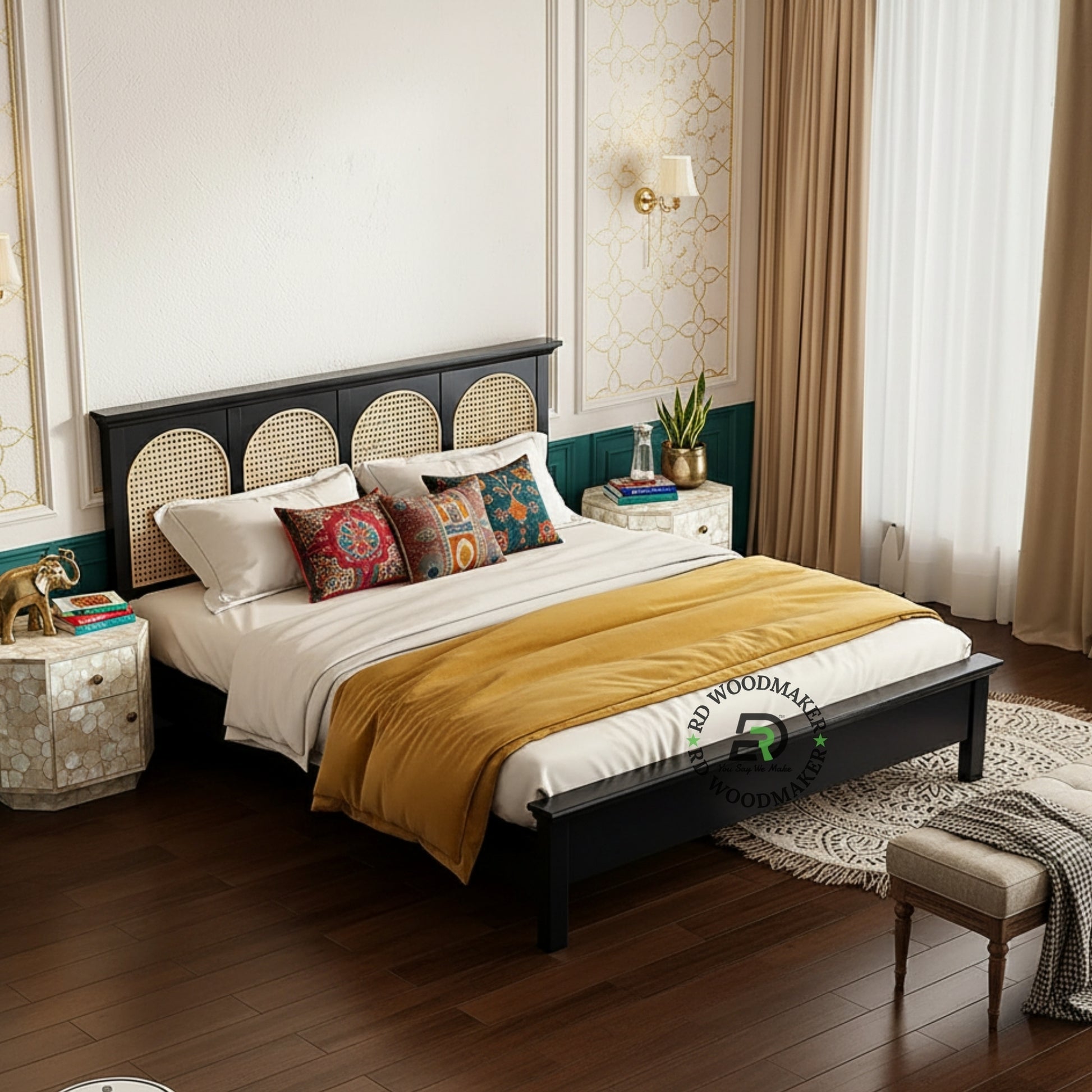 BOHO STYLE BLACK WOODEN BED WITH CANE RATTAN HEADBOARD