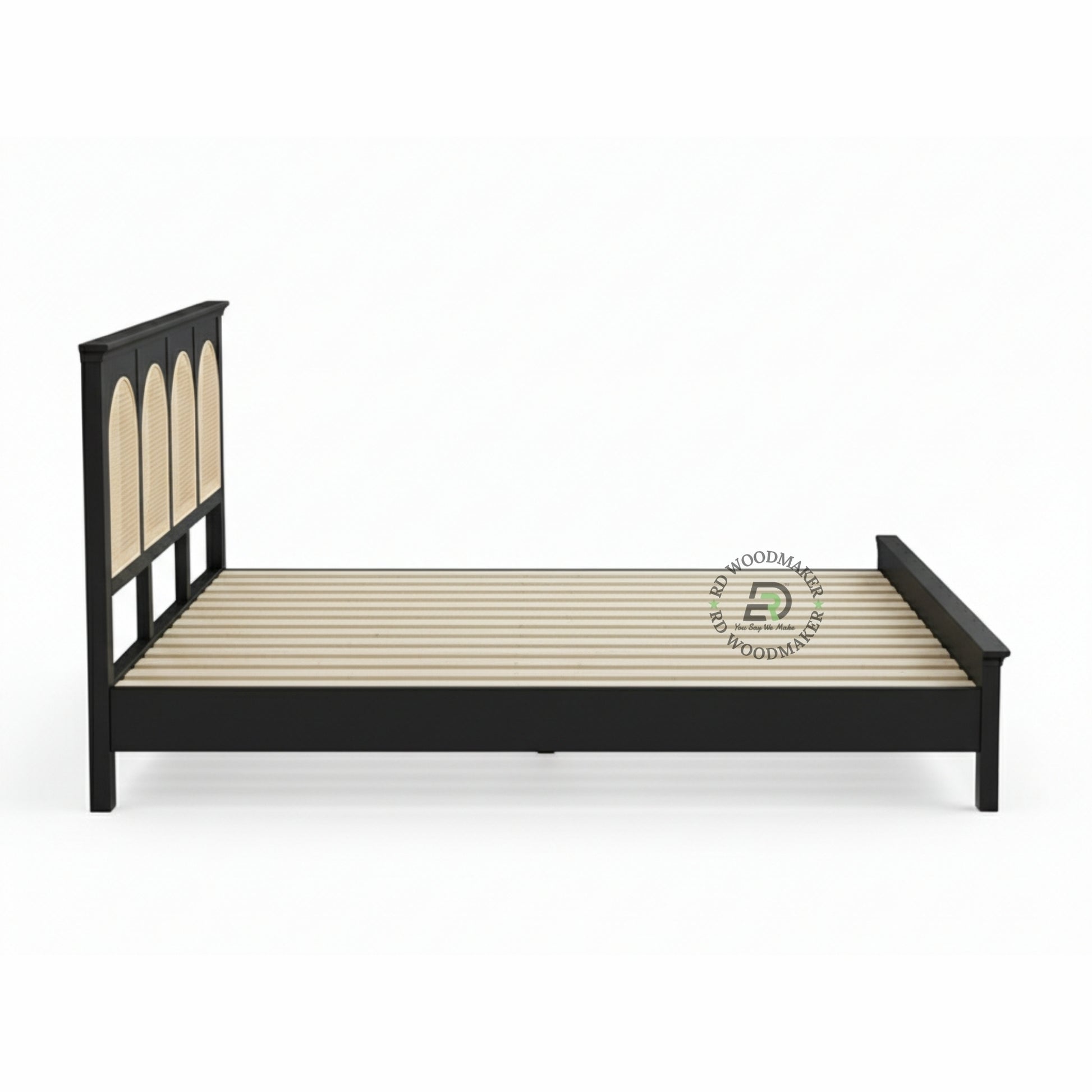 BOHO STYLE BLACK WOODEN BED WITH CANE RATTAN HEADBOARD
