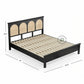 BOHO STYLE BLACK WOODEN BED WITH CANE RATTAN HEADBOARD