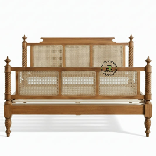 VINTAGE STYLE SOLID WOOD BED WITH SPIRAL POSTS AND CANE PANELS
