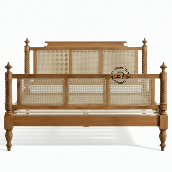 VINTAGE STYLE SOLID WOOD BED WITH SPIRAL POSTS AND CANE PANELS