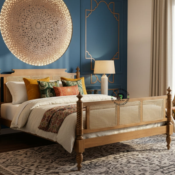 VINTAGE STYLE SOLID WOOD BED WITH SPIRAL POSTS AND CANE PANELS