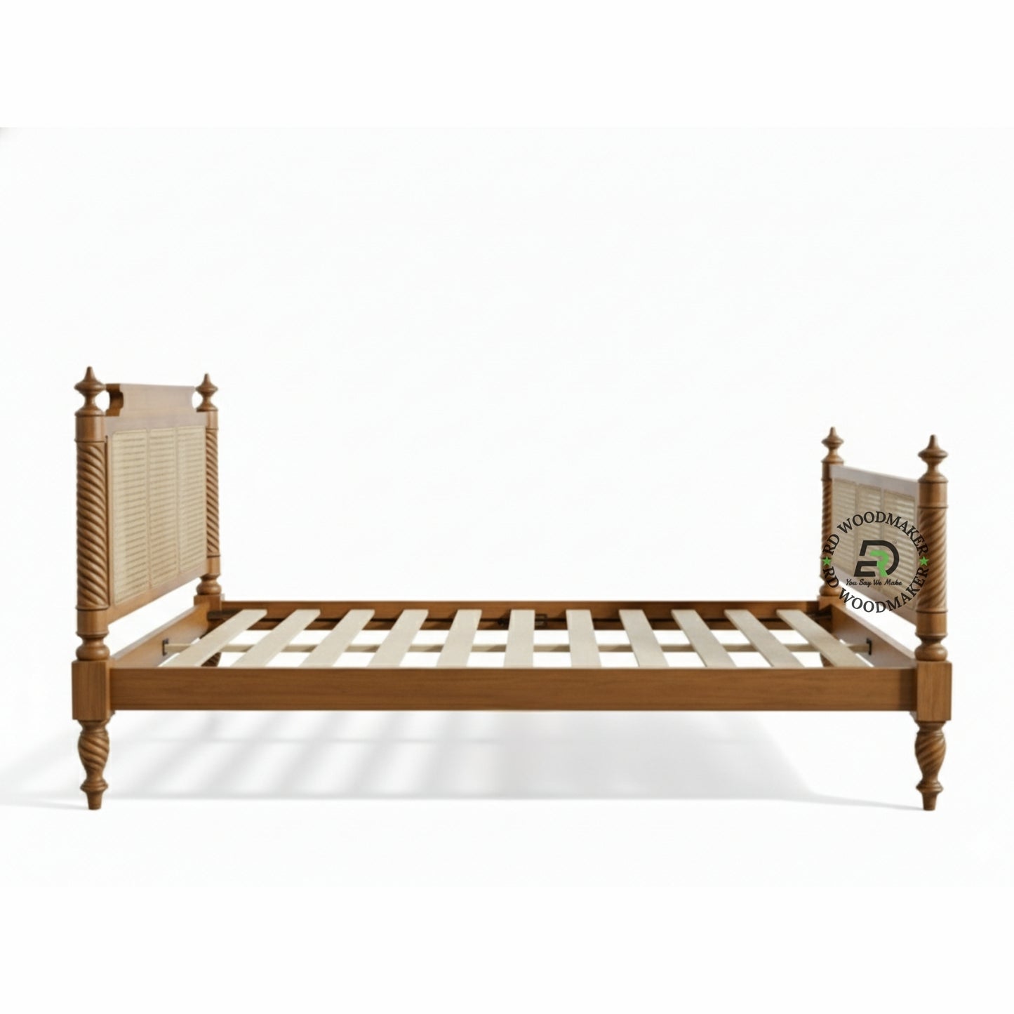 VINTAGE STYLE SOLID WOOD BED WITH SPIRAL POSTS AND CANE PANELS