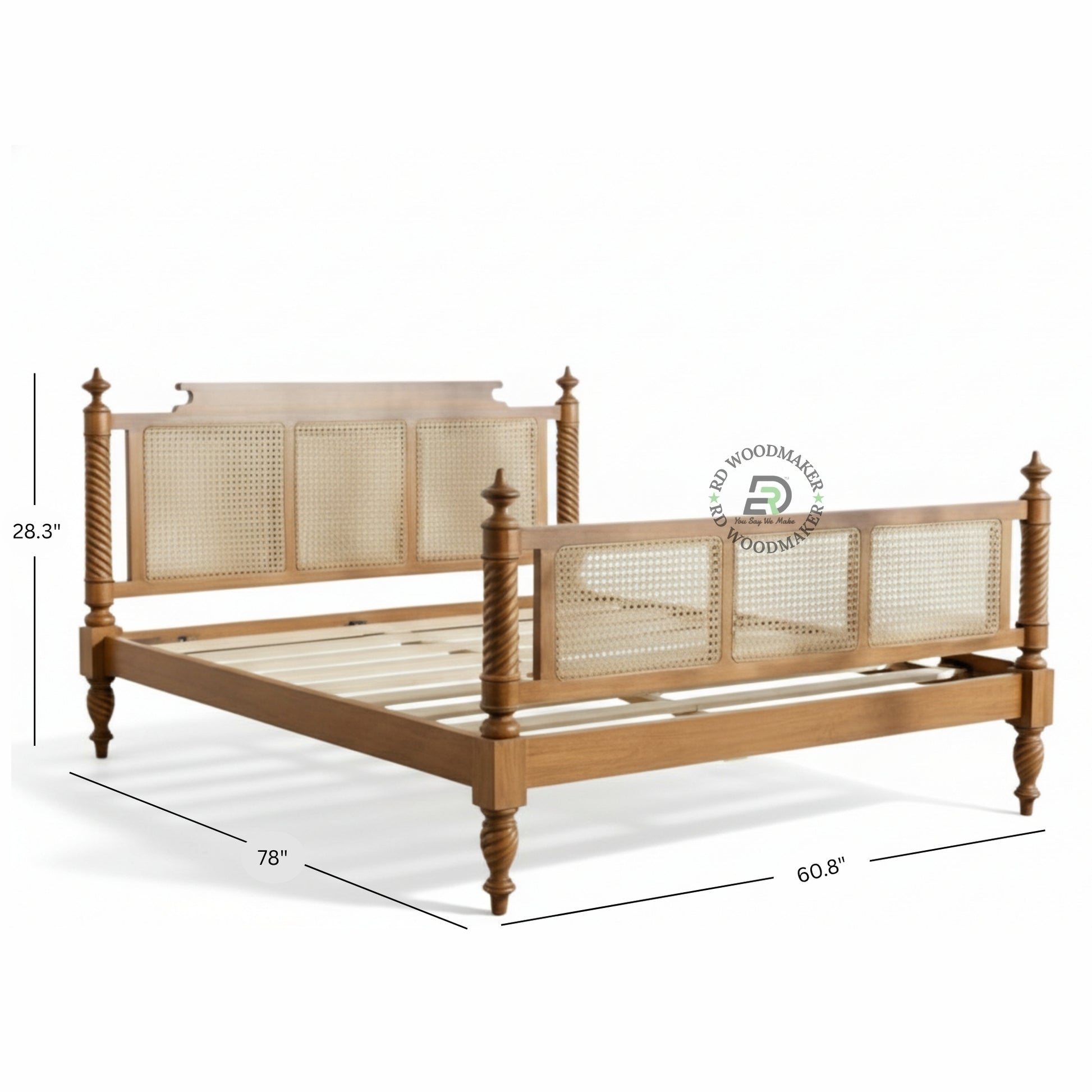 VINTAGE STYLE SOLID WOOD BED WITH SPIRAL POSTS AND CANE PANELS